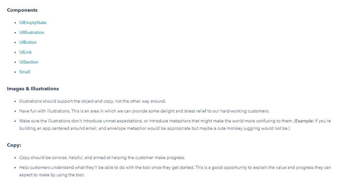 A snapshot of Hubspot's empty state guidelines, including image and copy recommendations as well as links to visual component examples