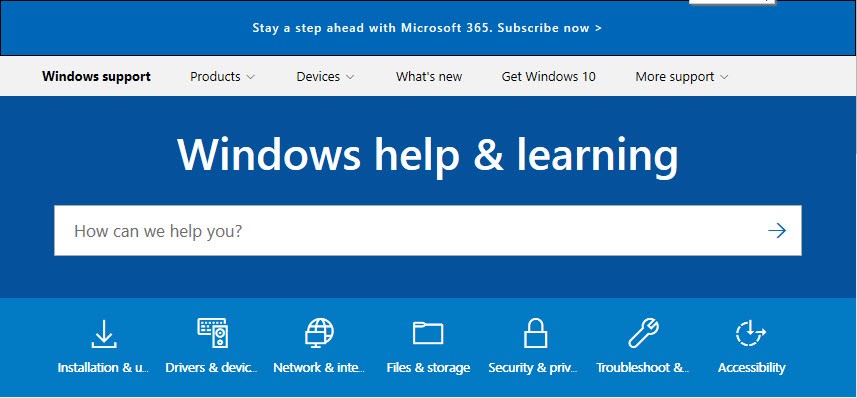 Screenshot of Microsoft online help section