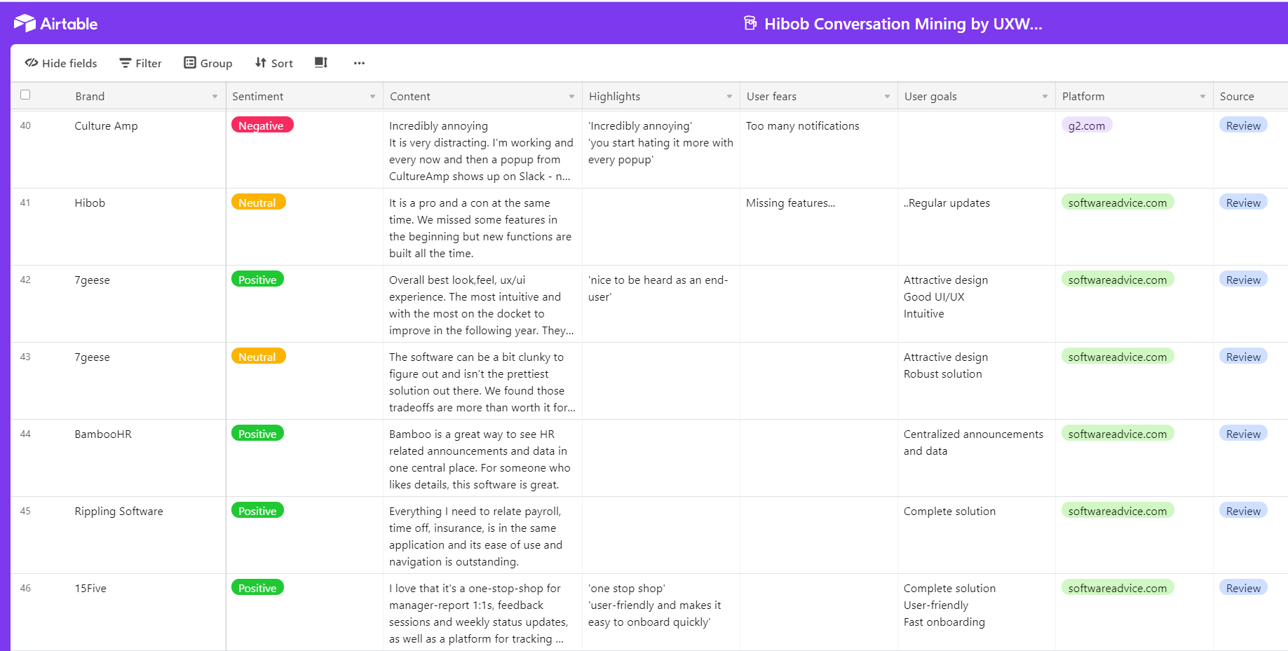 Example of UX writing research in Airtable