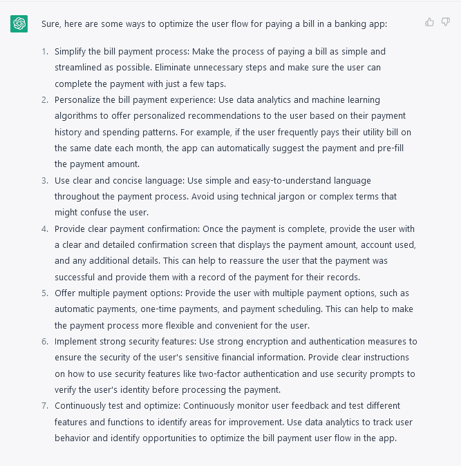 ChatGPT output of optimized user experience