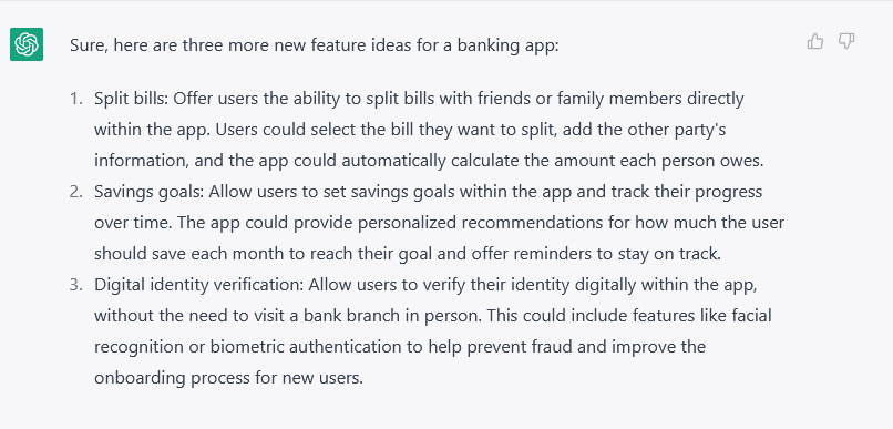 ChatGPT output of finding inspiration for new features