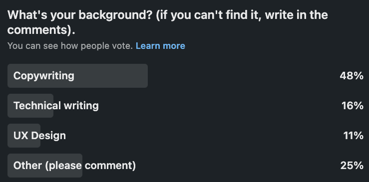 Poll stats from LinkedIn: copywriter 48%, technical writer 16%, UX designer 11%, other 25%