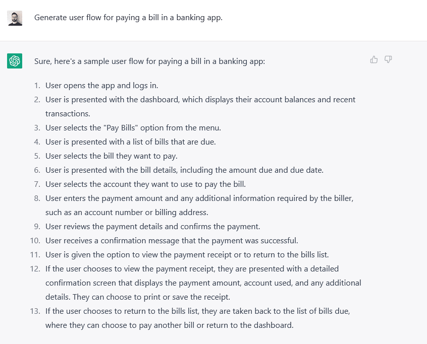 ChatGPT output of sample user flow