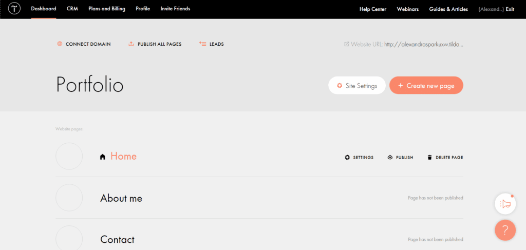 The Tilda dashboard and page structure